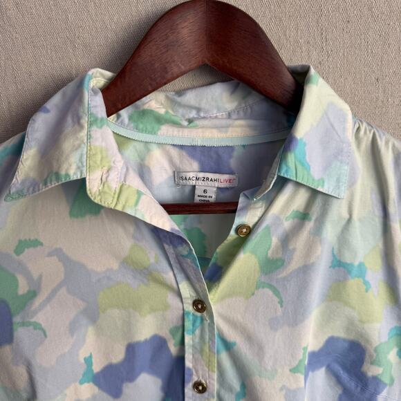 Isaac Mizrahi Live Blouse Size 6 Blue Button Up Abstract Watercolor Print Top - Picture 4 of 11